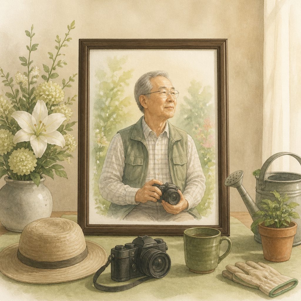 遺影に趣味の道具を|小物で残す「その人らしさ」のイメージイラスト