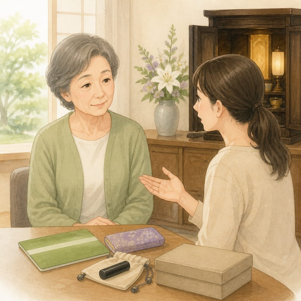 親の通帳・保険・印鑑、置き場所の聞き方｜お盆にのイメージイラスト