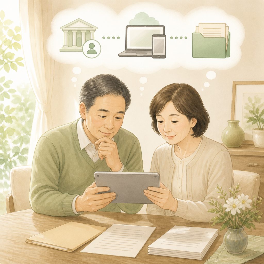 ネット銀行の相続手続き|口座の探し方と必要書類のイメージイラスト