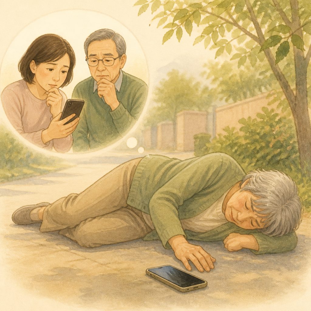 スマホの緊急連絡先とロック画面メモ|倒れたときに家族へ届く設定のイメージイラスト