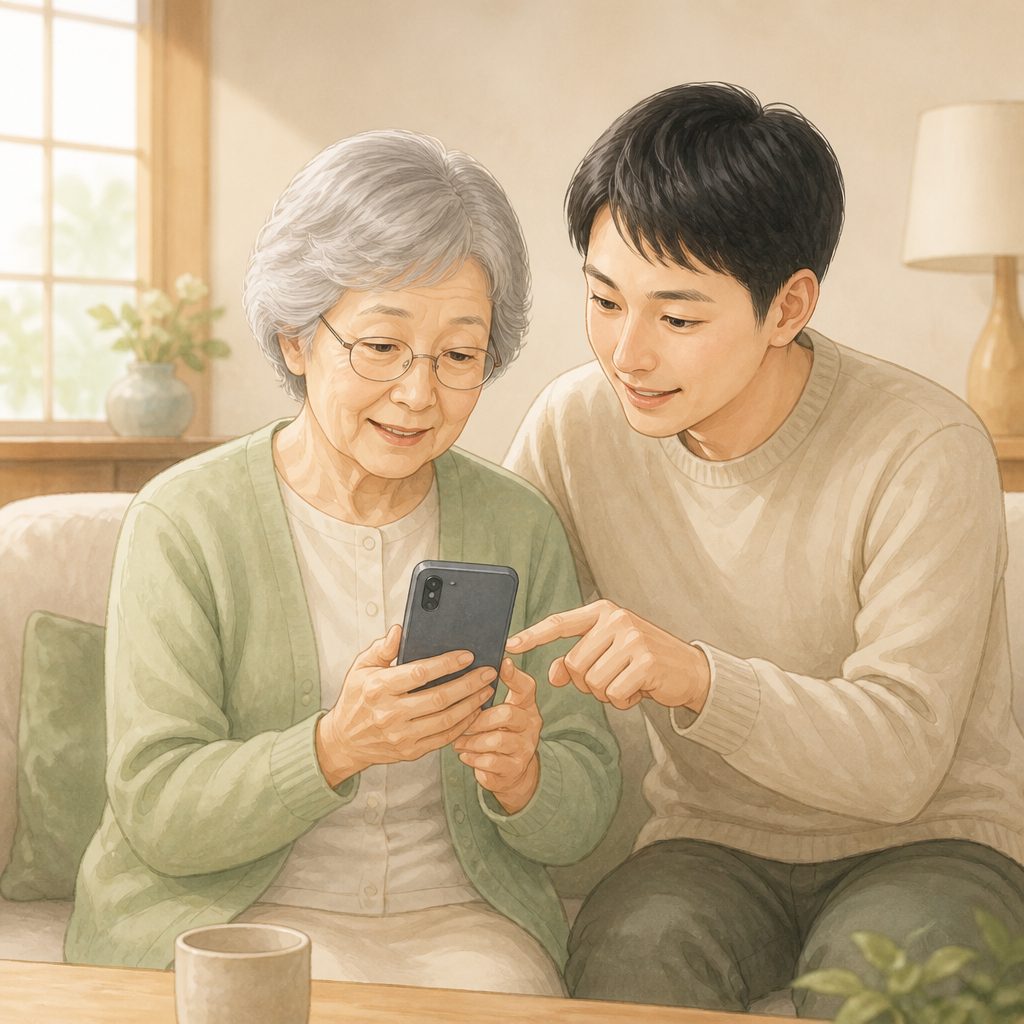 シニアのスマホ、文字を大きくする設定｜帰省の5分でのイメージイラスト