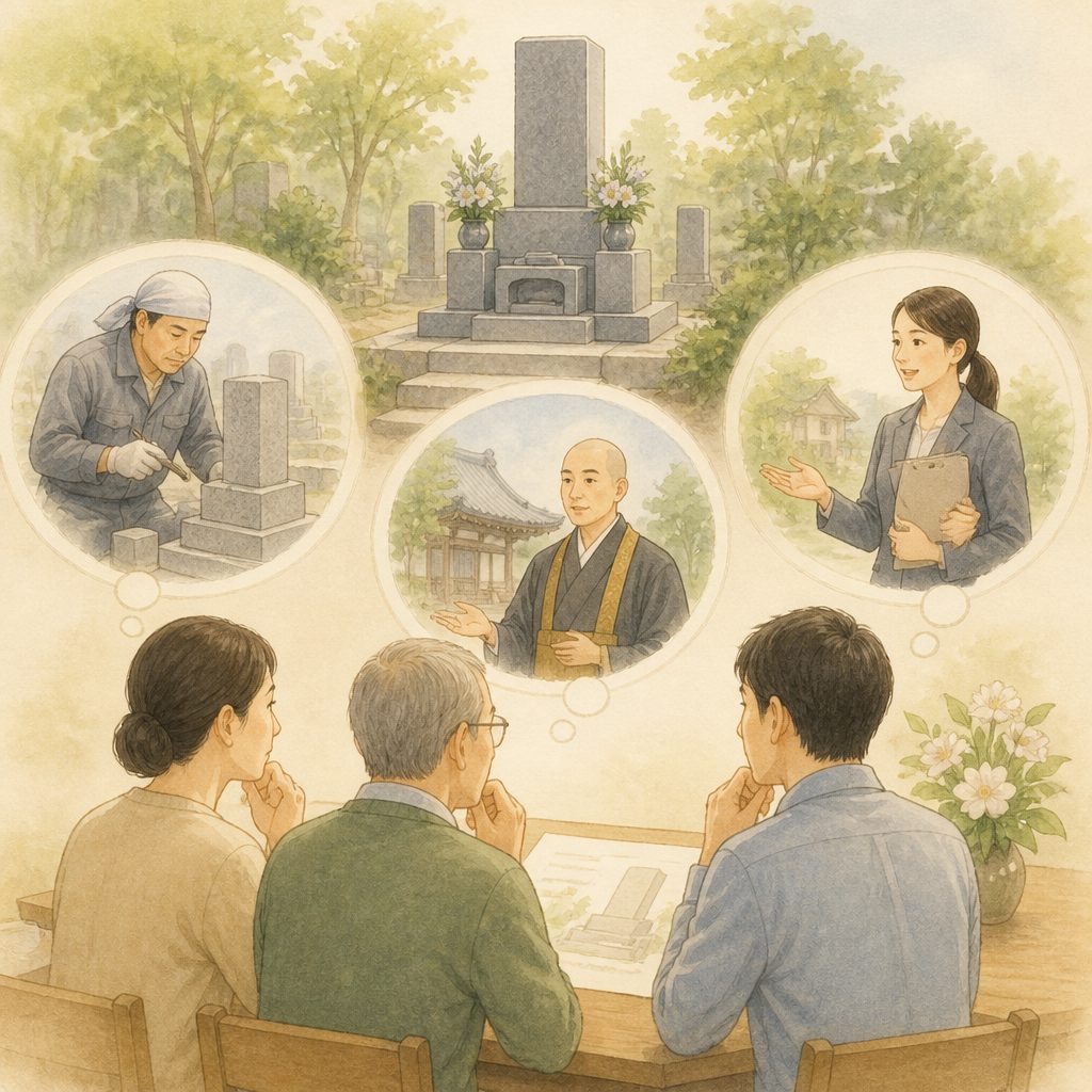 墓じまい、誰に相談する？石材店・寺院・代行の選び方のイメージイラスト