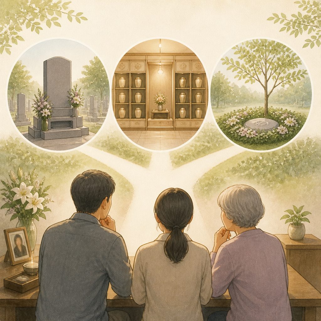 永代供養・納骨堂・樹木葬は何が違う？費用の見方と選ぶ順番のイメージイラスト