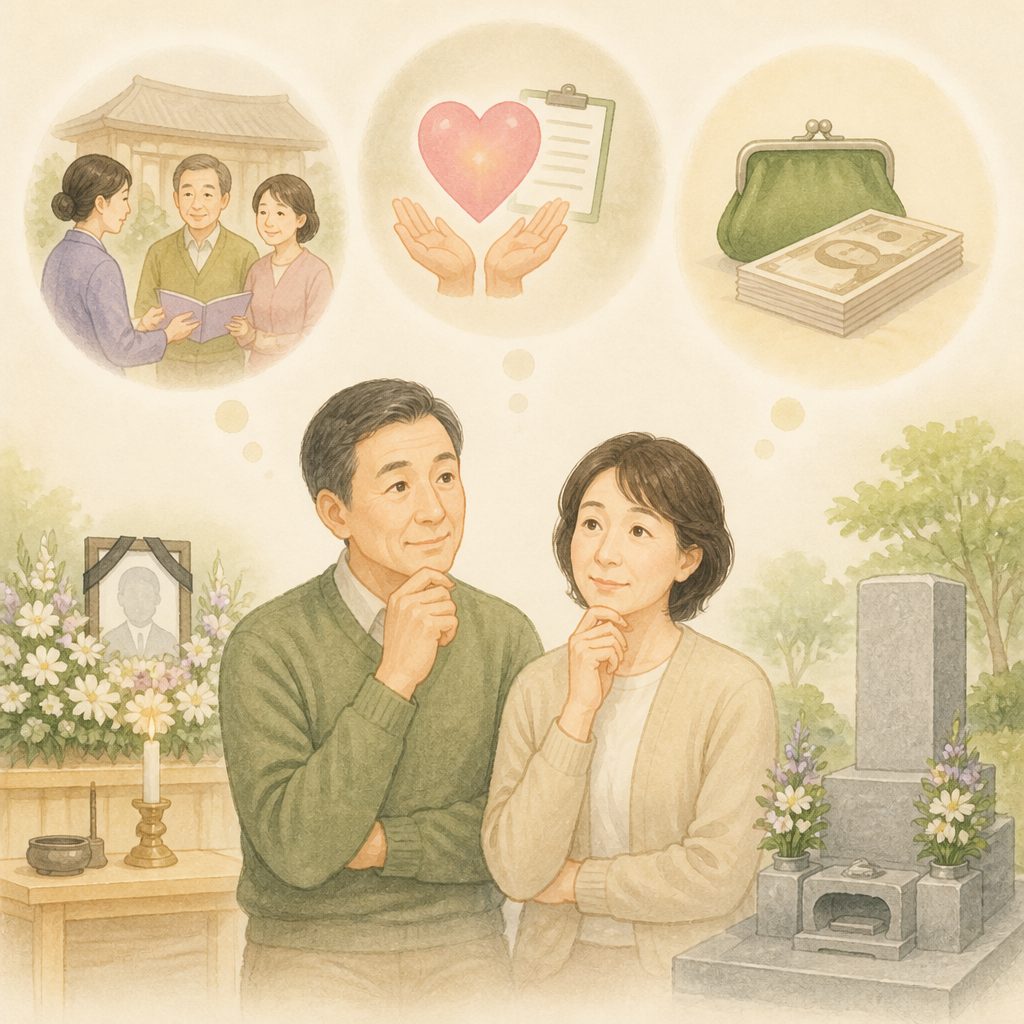 家族葬の費用、どう備える？互助会・保険・現金の違いのイメージイラスト